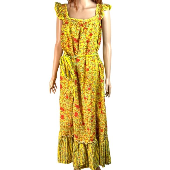 Roller Rabbit Yellow Sleeveless Maxi Dress With Ruffles & Belt Floral  XL Silk B - Picture 1 of 10